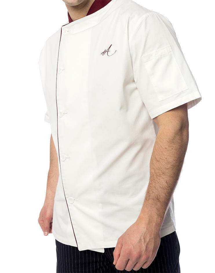 White Chef Jacket with Burgundy Collar and Contrast Piping - Kloth Studio Inc. - klothstudio.com