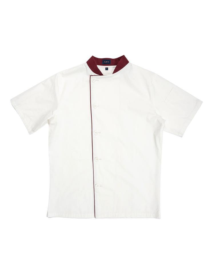 White Chef Jacket with Burgundy Collar and Contrast Piping - Kloth Studio Inc. - klothstudio.com