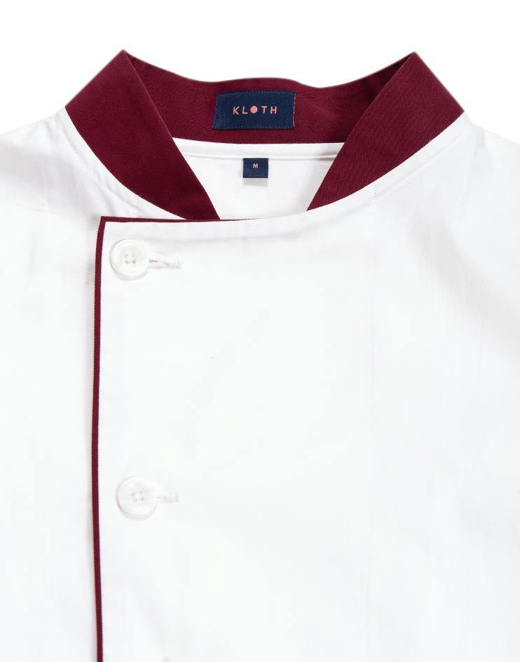 White Chef Jacket with Burgundy Collar and Contrast Piping - Kloth Studio Inc. - klothstudio.com