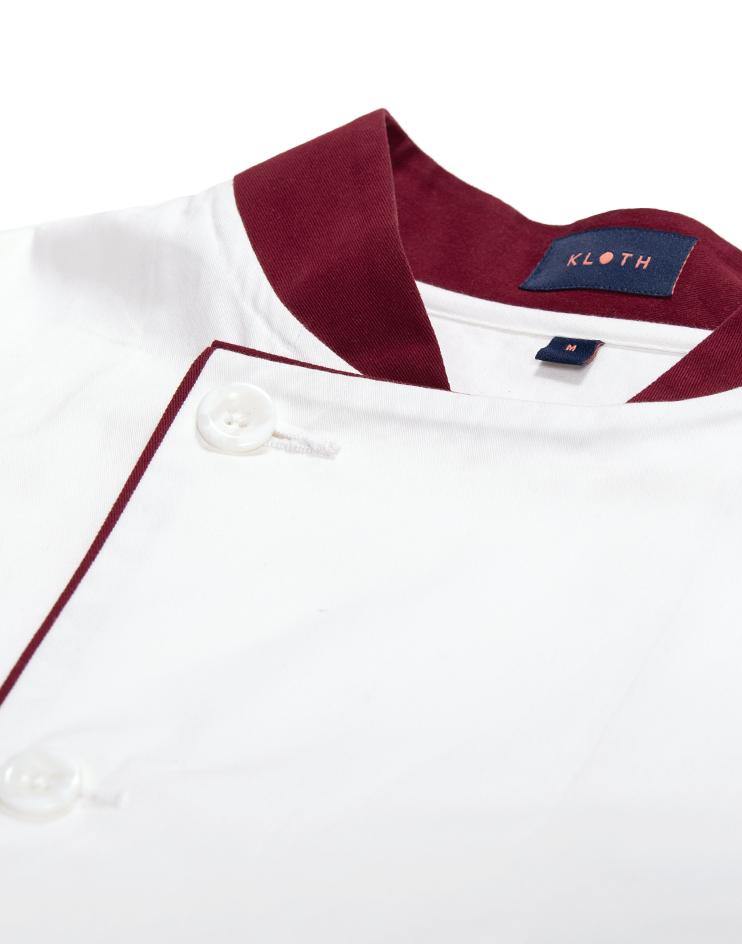 White Chef Jacket with Burgundy Collar and Contrast Piping - Kloth Studio Inc. - klothstudio.com