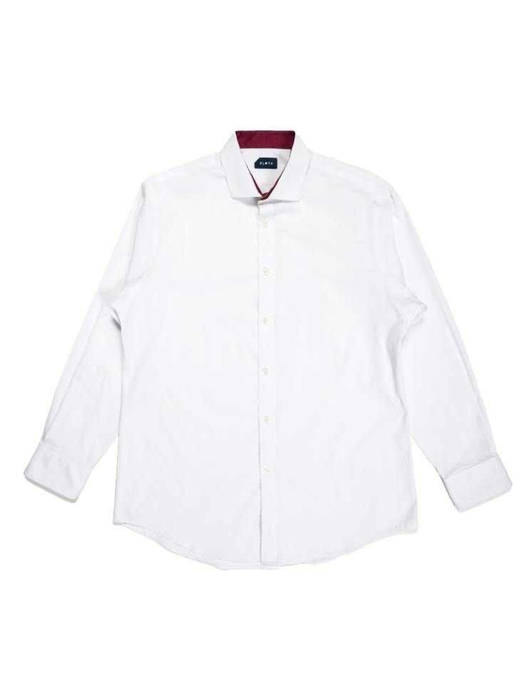 White Collared Shirt with Burgundy Contrast Collar - Kloth Studio Inc. - klothstudio.com