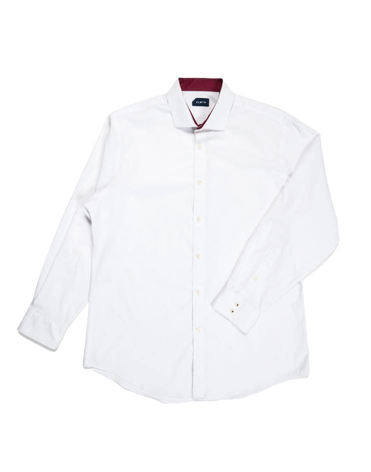 White Collared Shirt with Burgundy Contrast Collar - Kloth Studio Inc. - klothstudio.com