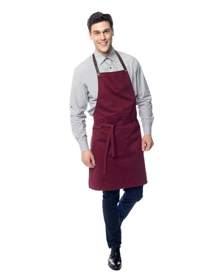 Burgundy Bib Apron with Brown Leather Straps - Kloth Studio Inc. - klothstudio.com