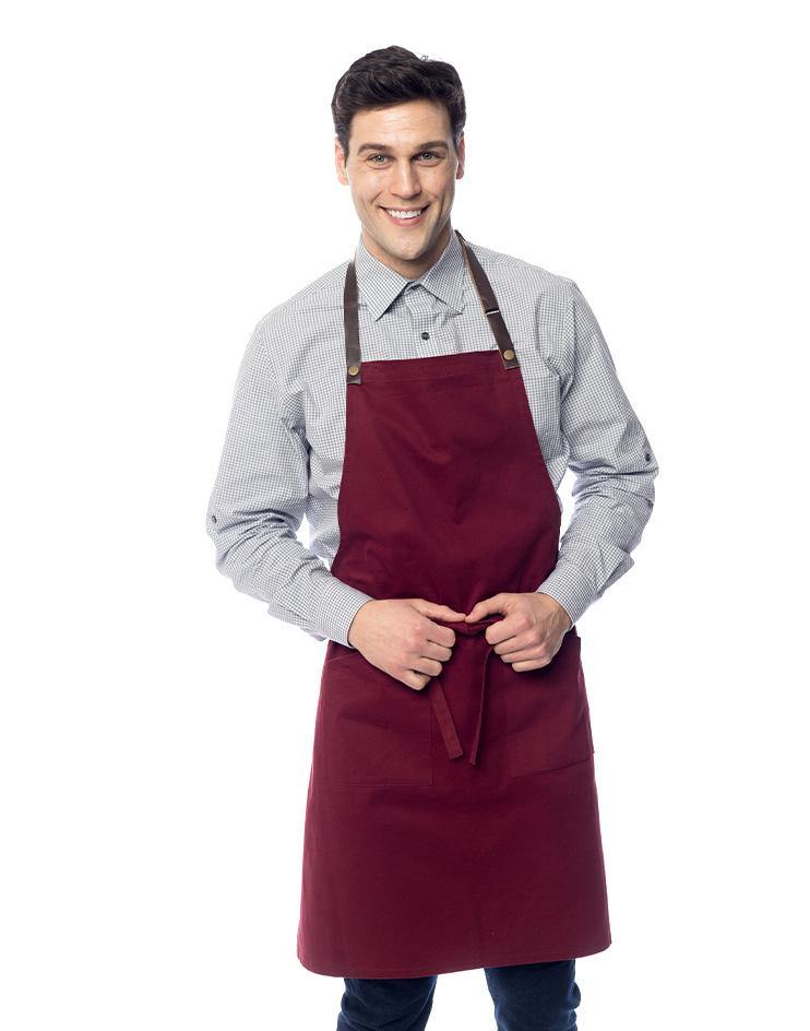 Burgundy Bib Apron with Brown Leather Straps - Kloth Studio Inc. - klothstudio.com