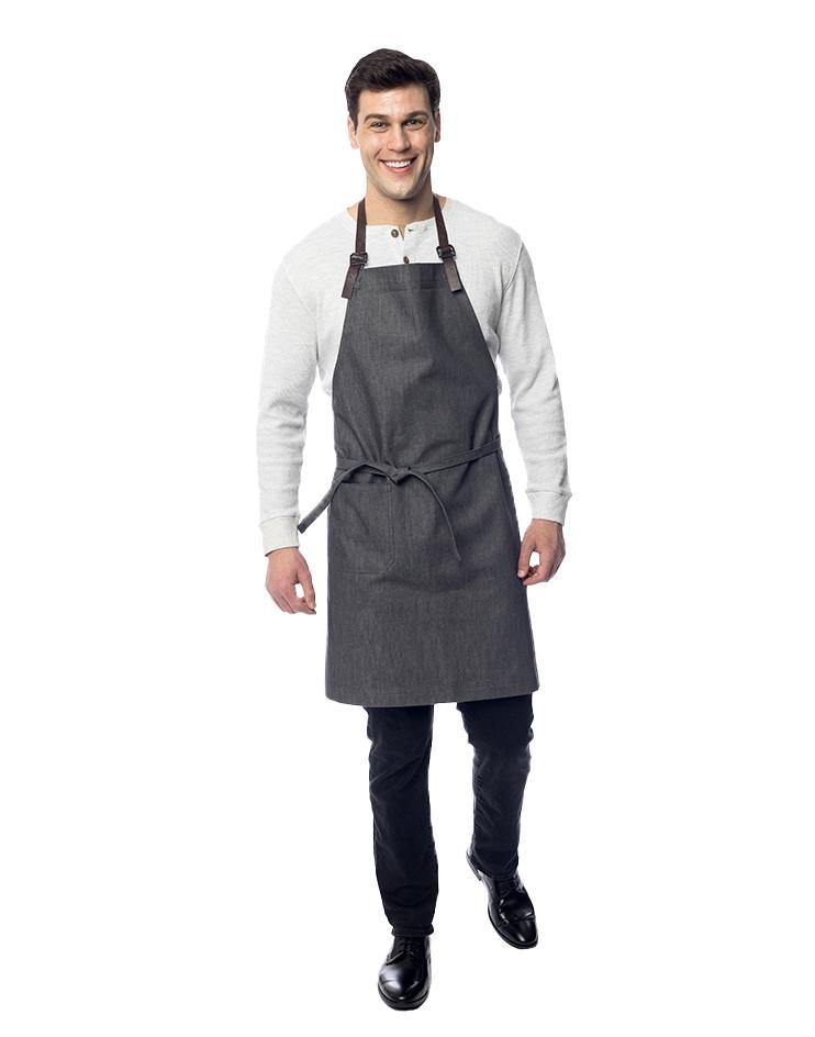 Grey Bib Apron with Brown Leather Neck Strap - Kloth Studio Inc. - klothstudio.com