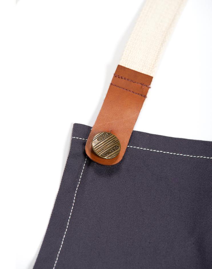 Grey Apron with White Canvas Straps and Leather Details - Kloth Studio Inc. - klothstudio.com