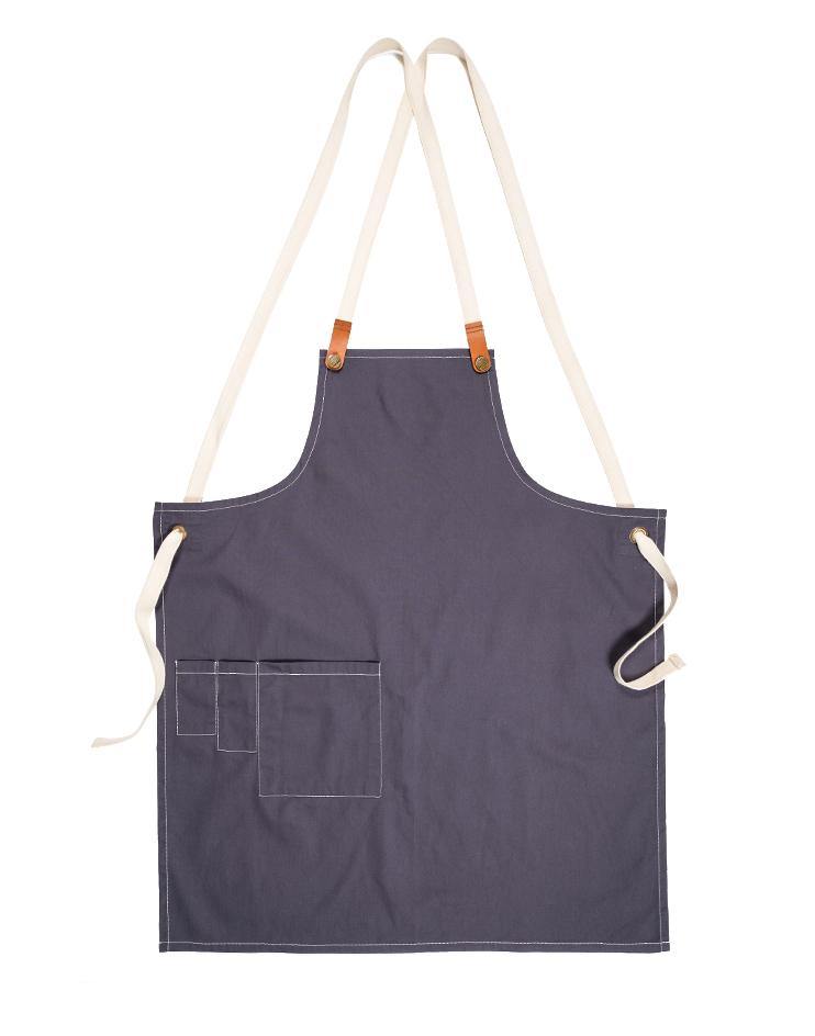 Grey Apron with White Canvas Straps and Leather Details - Kloth Studio Inc. - klothstudio.com