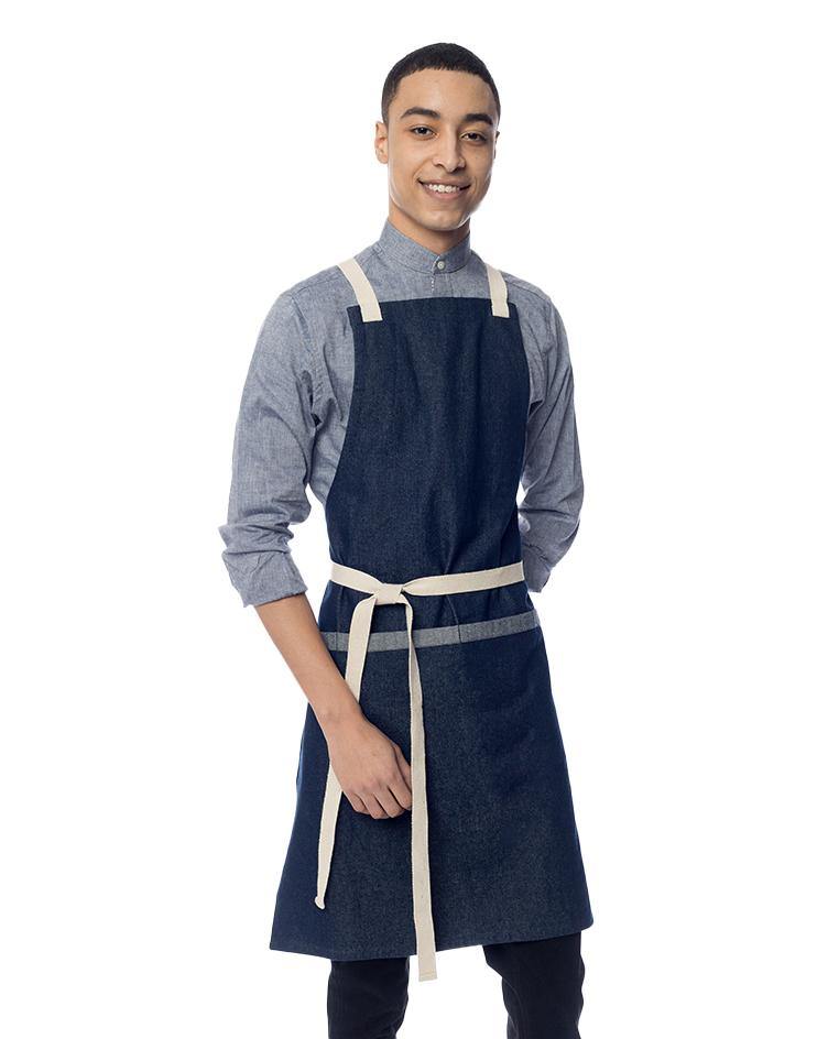 Dark Denim Bib Apron with Light Denim Stripe and Contrast Straps - Kloth Studio Inc. - klothstudio.com