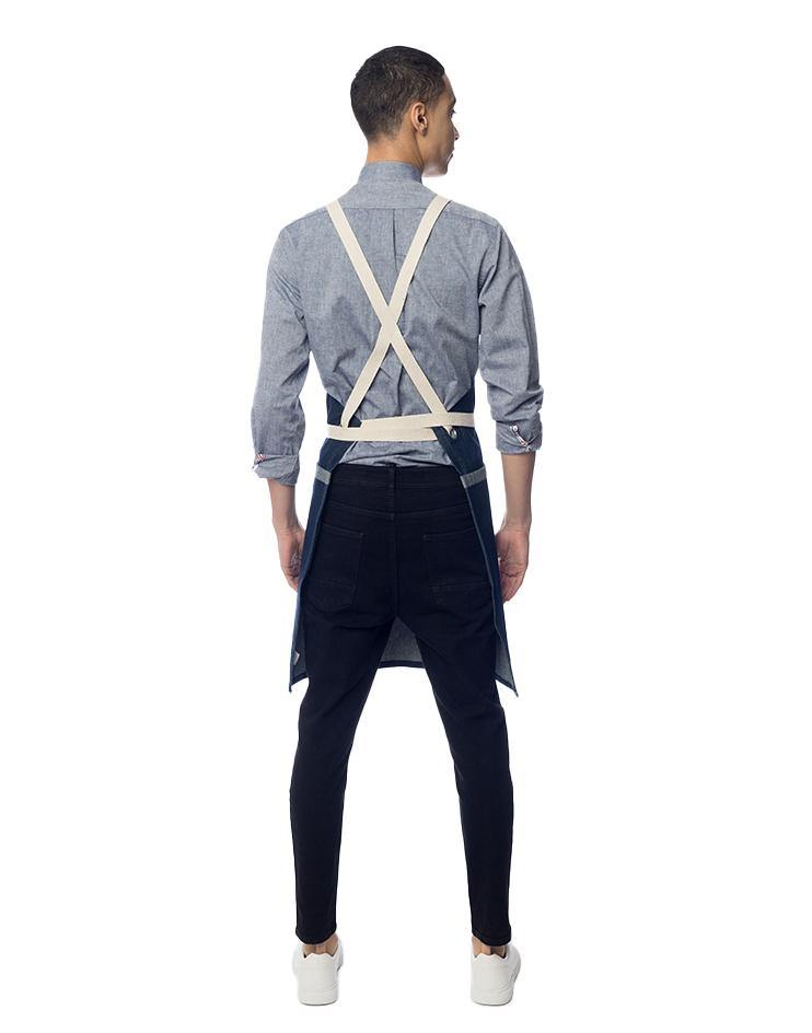 Dark Denim Bib Apron with Light Denim Stripe and Contrast Straps - Kloth Studio Inc. - klothstudio.com