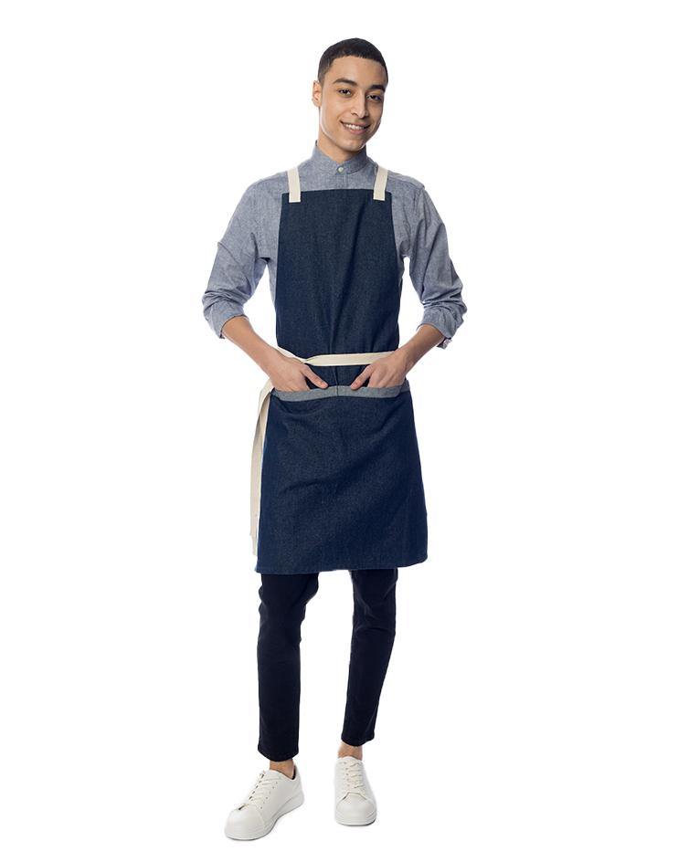 Dark Denim Bib Apron with Light Denim Stripe and Contrast Straps - Kloth Studio Inc. - klothstudio.com