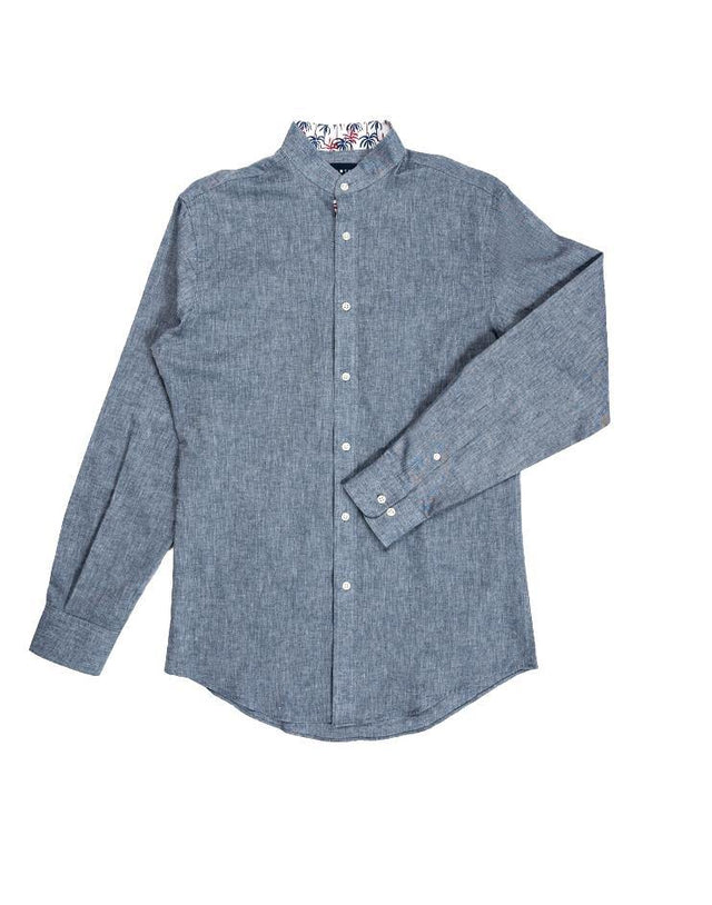 Blue Chambray Shirt with Palm Leaves Contrast Collar - Kloth Studio Inc. - klothstudio.com