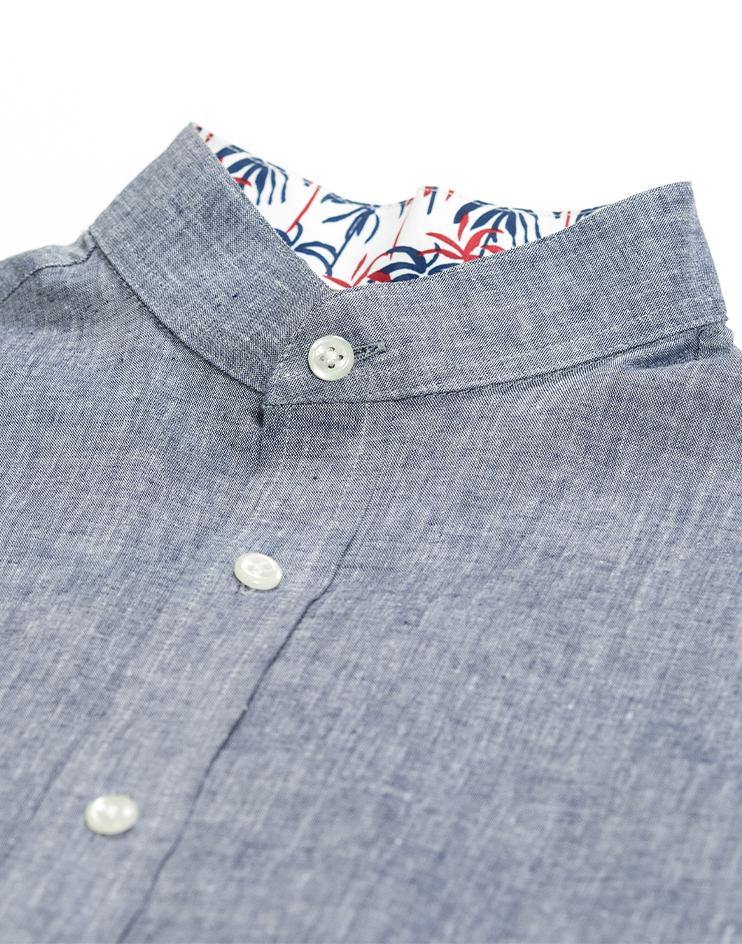 Blue Chambray Shirt with Palm Leaves Contrast Collar - Kloth Studio Inc. - klothstudio.com