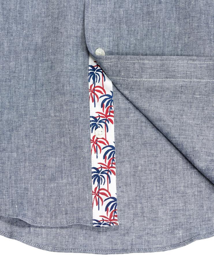 Blue Chambray Shirt with Palm Leaves Contrast Collar - Kloth Studio Inc. - klothstudio.com