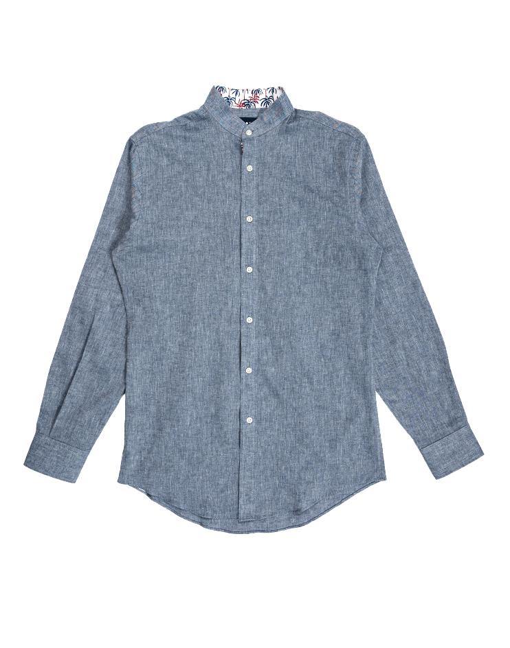 Blue Chambray Shirt with Palm Leaves Contrast Collar - Kloth Studio Inc. - klothstudio.com