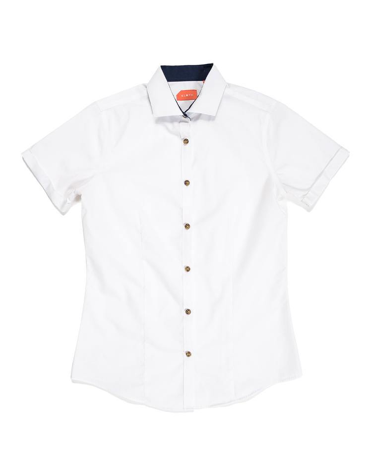 White Short Sleeve Shirt with Navy Contrast Collar - Kloth Studio Inc. - klothstudio.com