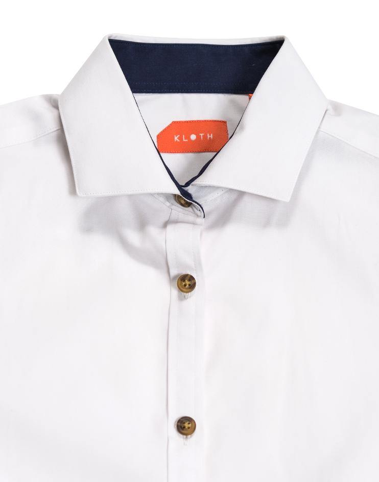 White Short Sleeve Shirt with Navy Contrast Collar - Kloth Studio Inc. - klothstudio.com