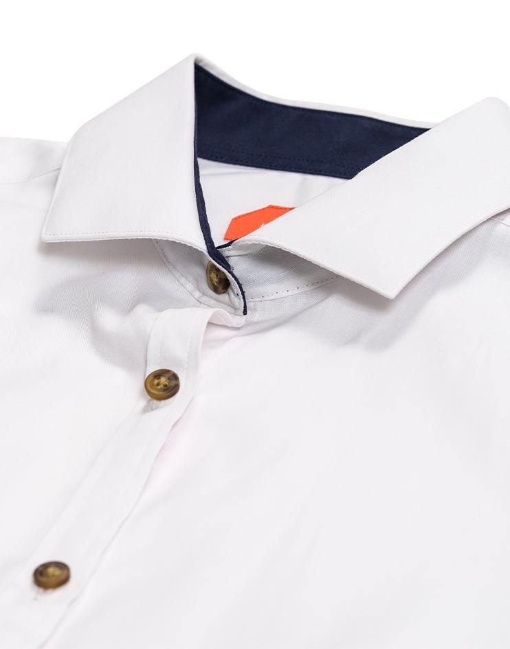 White Short Sleeve Shirt with Navy Contrast Collar - Kloth Studio Inc. - klothstudio.com