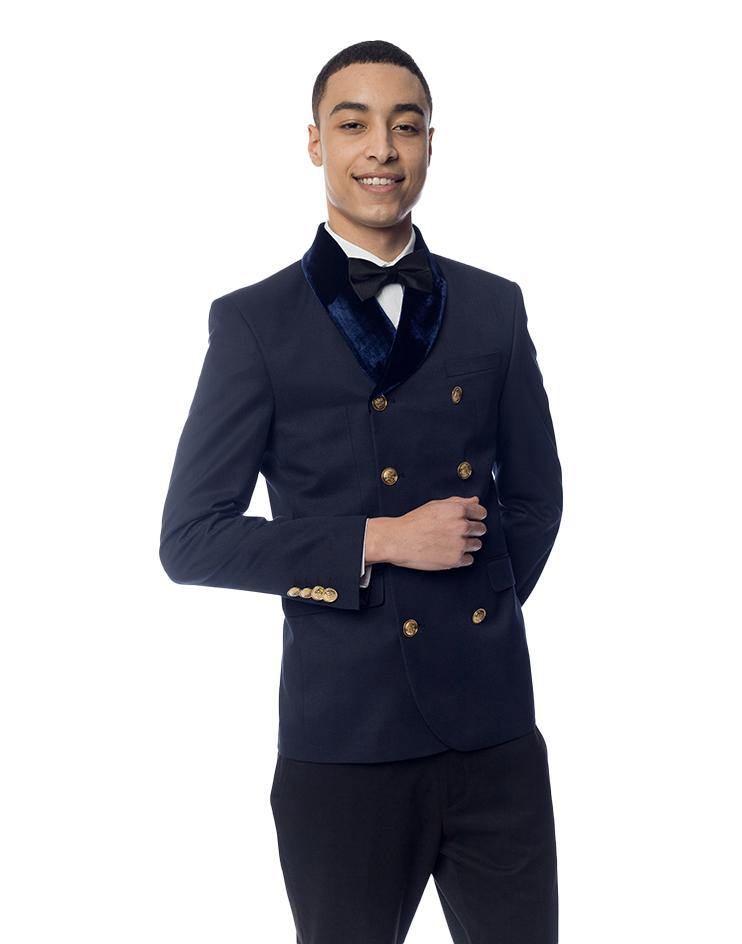 Navy Suit Jacket with Velvet Lapels and Gold Buttons - Kloth Studio Inc. - klothstudio.com