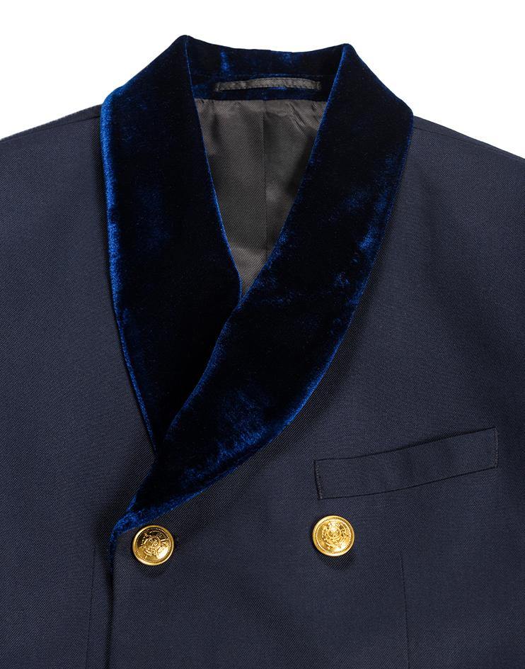 Navy Suit Jacket with Velvet Lapels and Gold Buttons - Kloth Studio Inc. - klothstudio.com