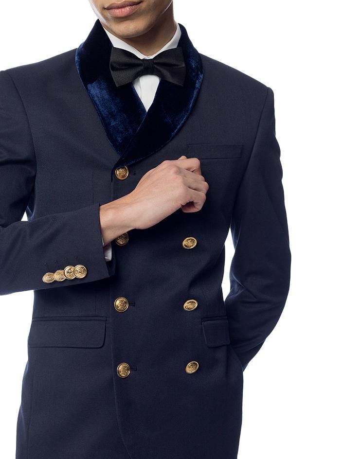 Navy Suit Jacket with Velvet Lapels and Gold Buttons - Kloth Studio Inc. - klothstudio.com
