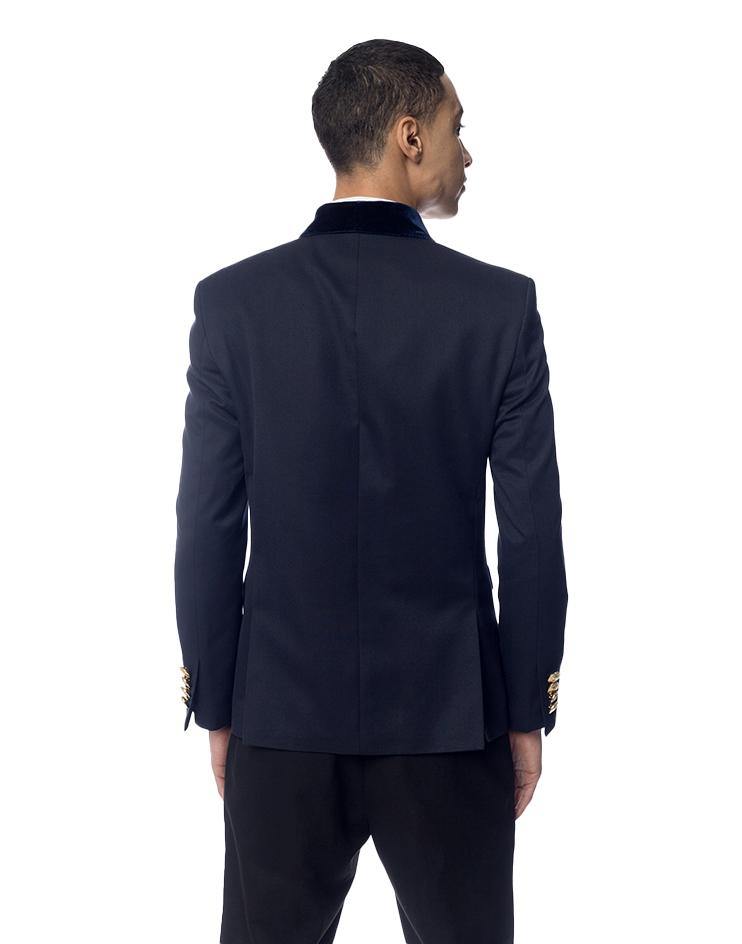 Navy Suit Jacket with Velvet Lapels and Gold Buttons - Kloth Studio Inc. - klothstudio.com