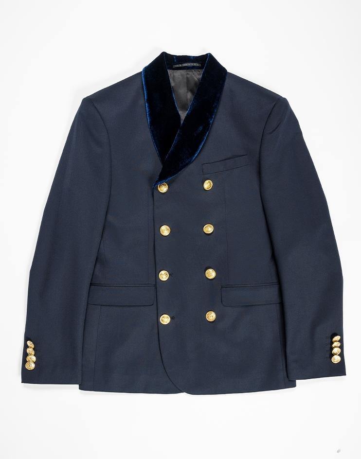 Navy Suit Jacket with Velvet Lapels and Gold Buttons - Kloth Studio Inc. - klothstudio.com
