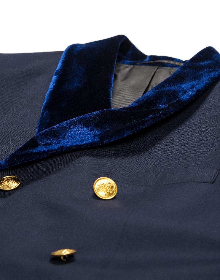 Navy Suit Jacket with Velvet Lapels and Gold Buttons - Kloth Studio Inc. - klothstudio.com