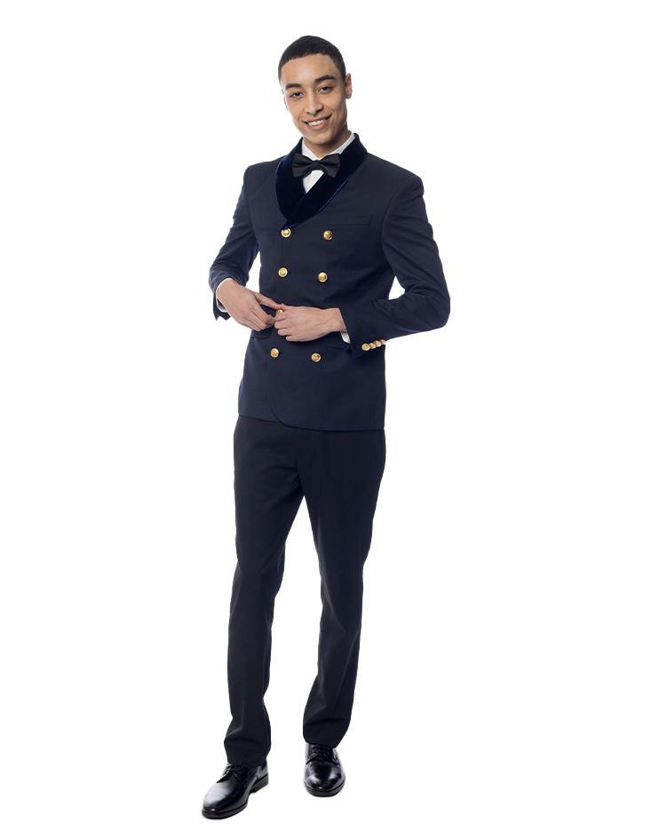 Navy Suit Jacket with Velvet Lapels and Gold Buttons - Kloth Studio Inc. - klothstudio.com