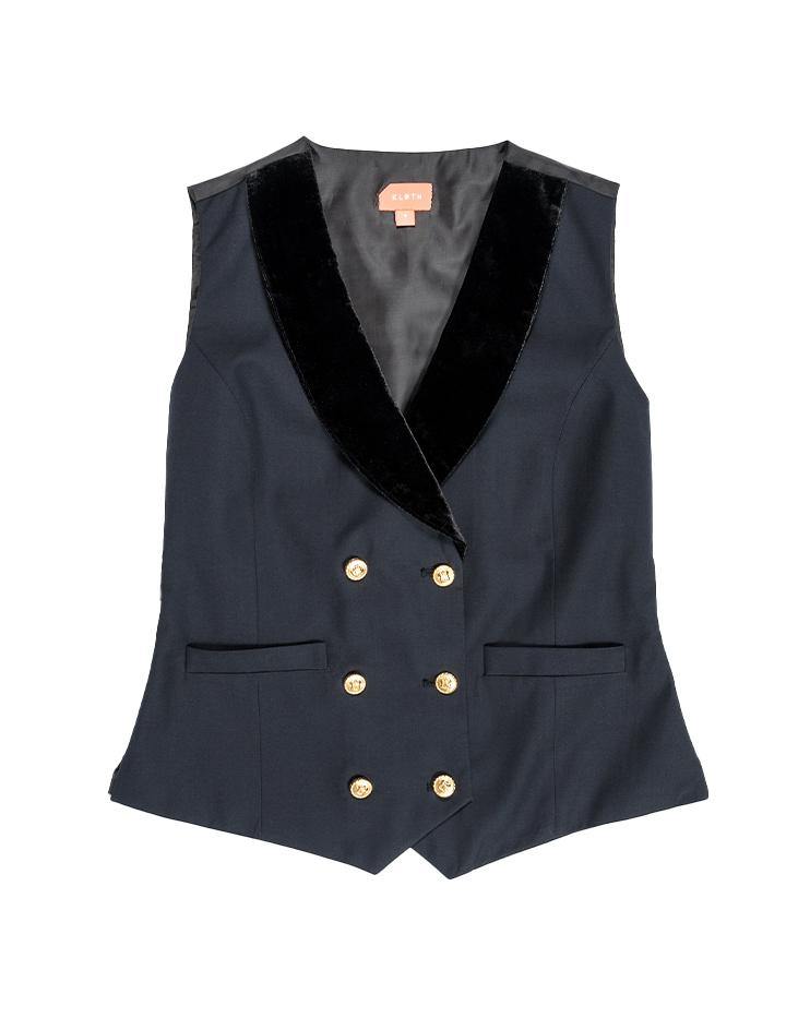 Navy Vest with Velvet Lapels and Gold Buttons - Kloth Studio Inc. - klothstudio.com