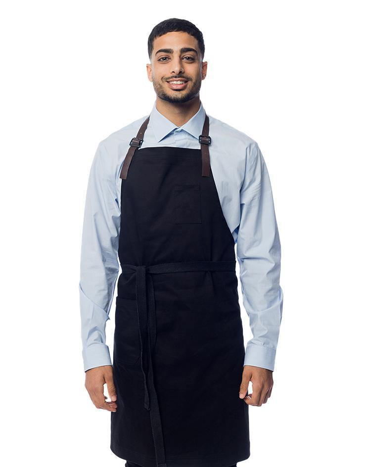 Black Bib Apron with Brown Leather Neck Strap - Kloth Studio Inc. - klothstudio.com