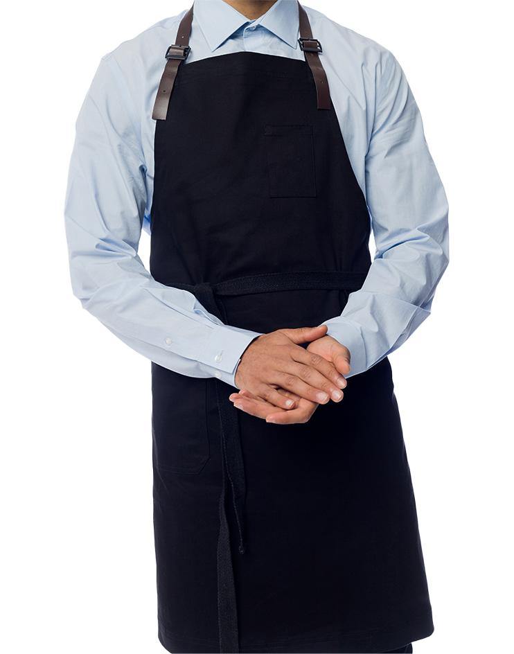 Black Bib Apron with Brown Leather Neck Strap - Kloth Studio Inc. - klothstudio.com