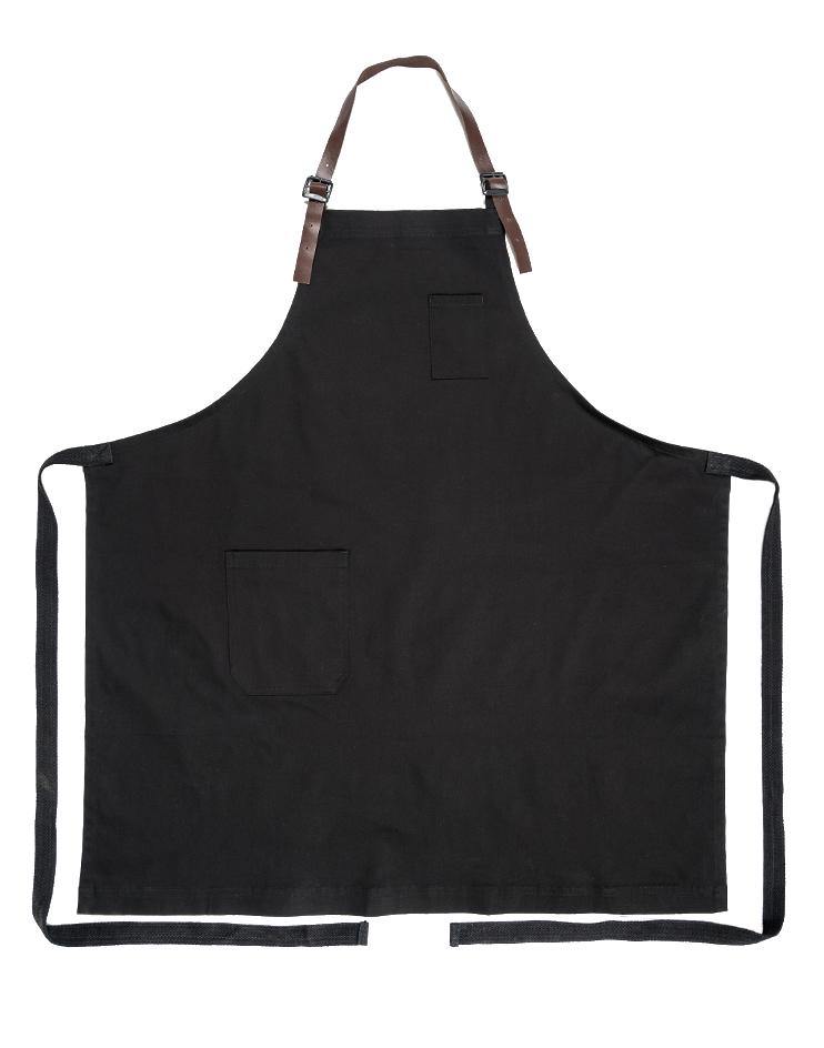 Black Bib Apron with Brown Leather Neck Strap - Kloth Studio Inc. - klothstudio.com
