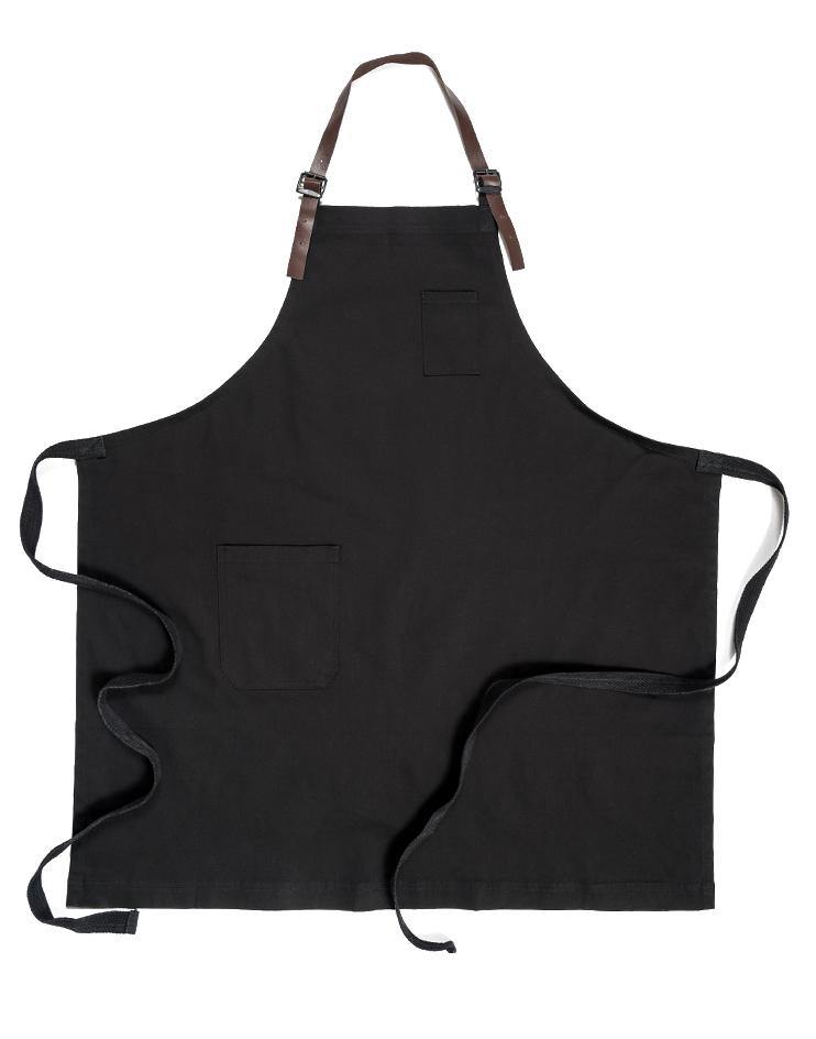 Black Bib Apron with Brown Leather Neck Strap - Kloth Studio Inc. - klothstudio.com
