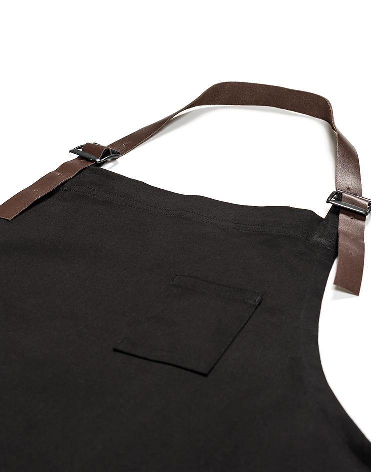 Black Bib Apron with Brown Leather Neck Strap - Kloth Studio Inc. - klothstudio.com