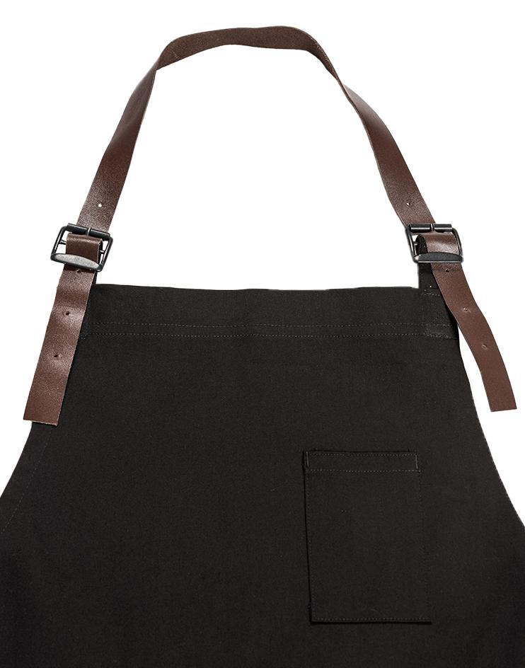 Black Bib Apron with Brown Leather Neck Strap - Kloth Studio Inc. - klothstudio.com