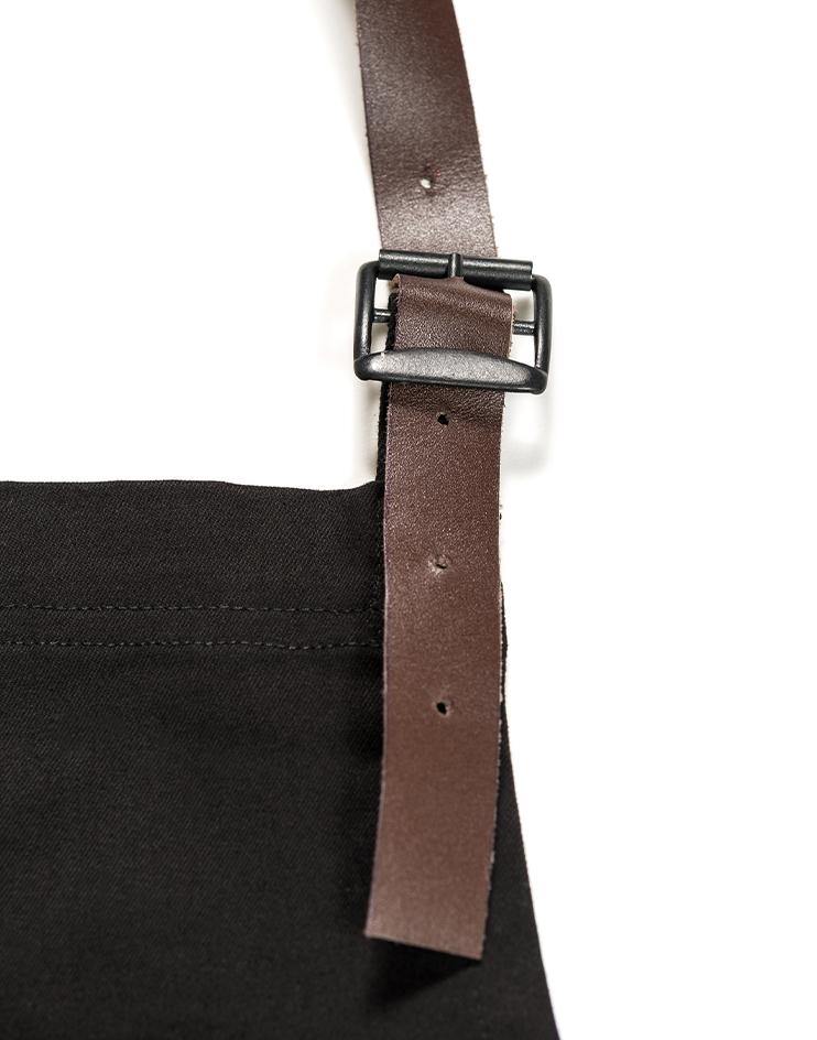 Black Bib Apron with Brown Leather Neck Strap - Kloth Studio Inc. - klothstudio.com