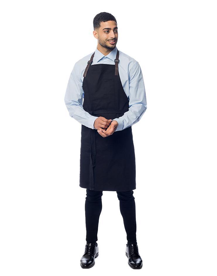 Black Bib Apron with Brown Leather Neck Strap - Kloth Studio Inc. - klothstudio.com