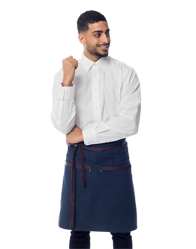 Blue Bistro Apron with Brown Leather Waist Strap and Leather Pocket Detail - Kloth Studio Inc. - klothstudio.com