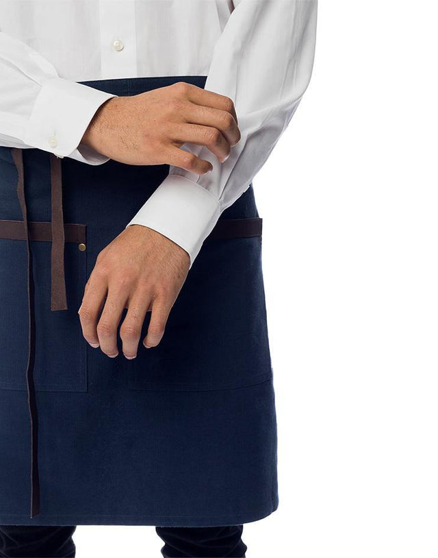 Blue Bistro Apron with Brown Leather Waist Strap and Leather Pocket Detail - Kloth Studio Inc. - klothstudio.com