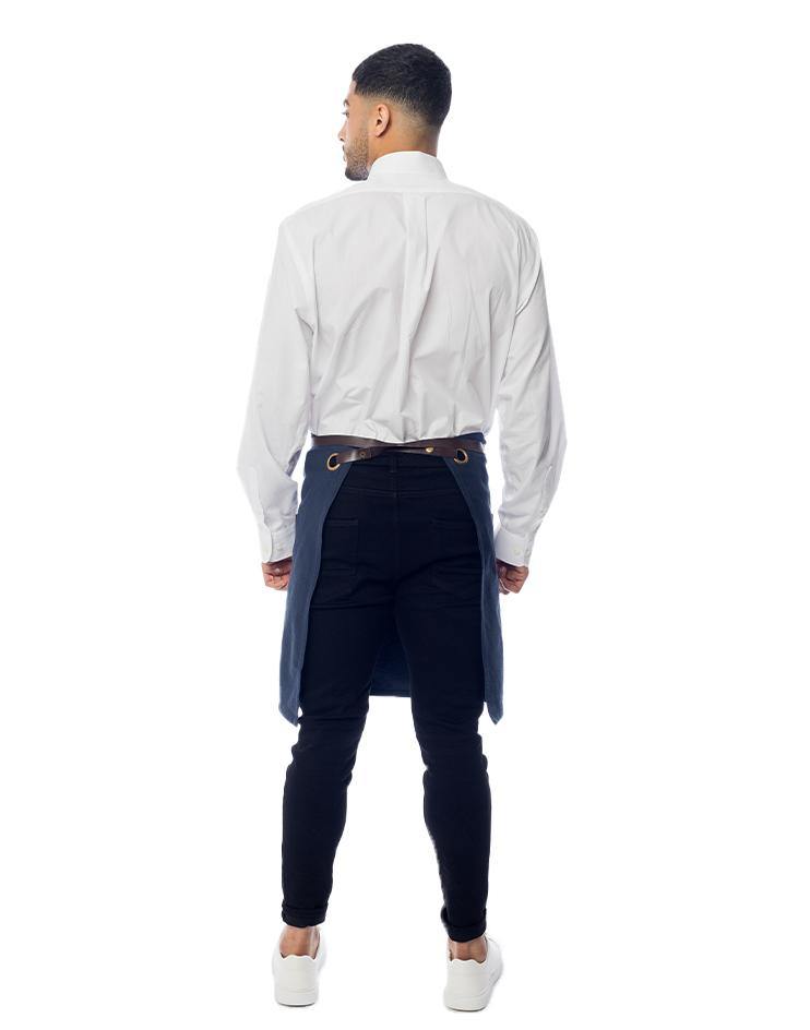 Blue Bistro Apron with Brown Leather Waist Strap and Leather Pocket Detail - Kloth Studio Inc. - klothstudio.com