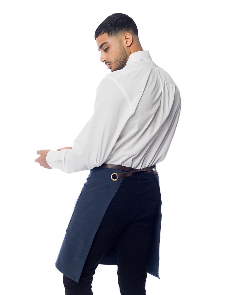 Blue Bistro Apron with Brown Leather Waist Strap and Leather Pocket Detail - Kloth Studio Inc. - klothstudio.com