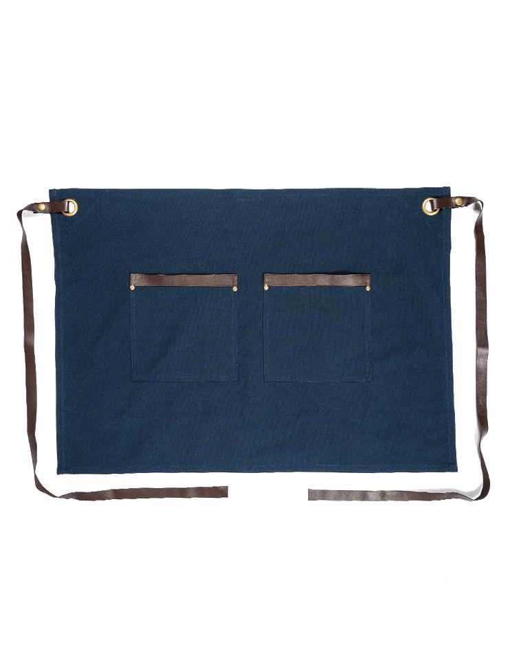 Blue Bistro Apron with Brown Leather Waist Strap and Leather Pocket Detail - Kloth Studio Inc. - klothstudio.com