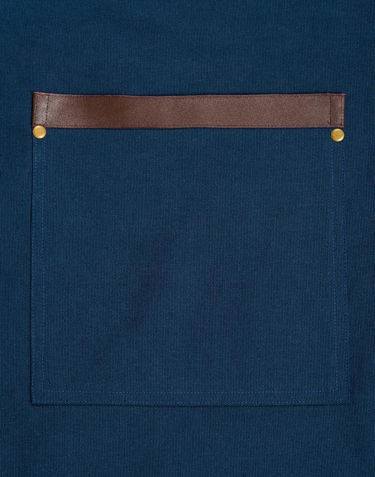 Blue Bistro Apron with Brown Leather Waist Strap and Leather Pocket Detail - Kloth Studio Inc. - klothstudio.com