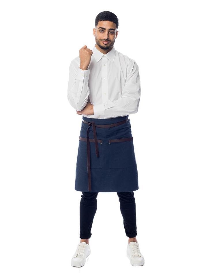 Blue Bistro Apron with Brown Leather Waist Strap and Leather Pocket Detail - Kloth Studio Inc. - klothstudio.com