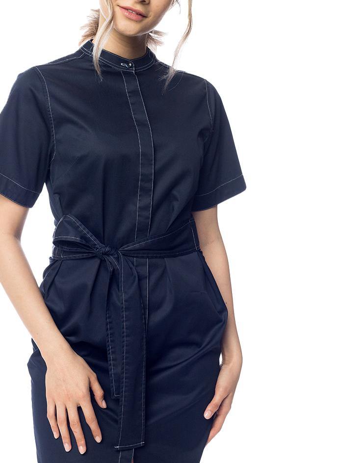 Navy Blue Tie Front Dress with Contrast White Stitching - Kloth Studio Inc. - klothstudio.com