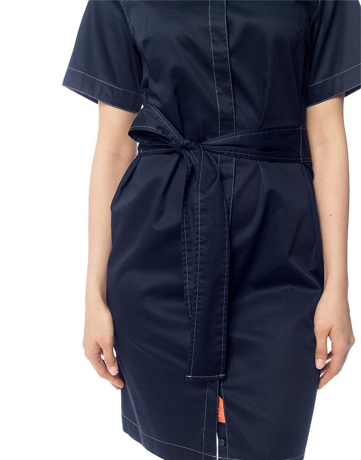 Navy Blue Tie Front Dress with Contrast White Stitching - Kloth Studio Inc. - klothstudio.com