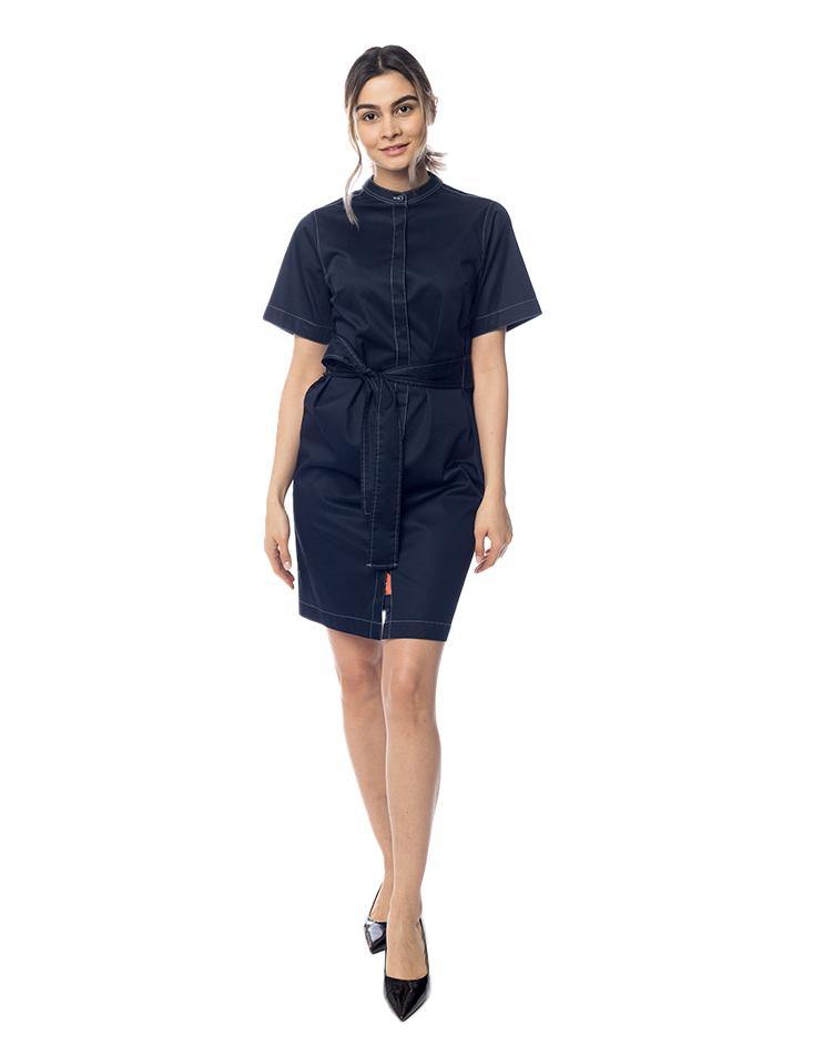 Navy Blue Tie Front Dress with Contrast White Stitching