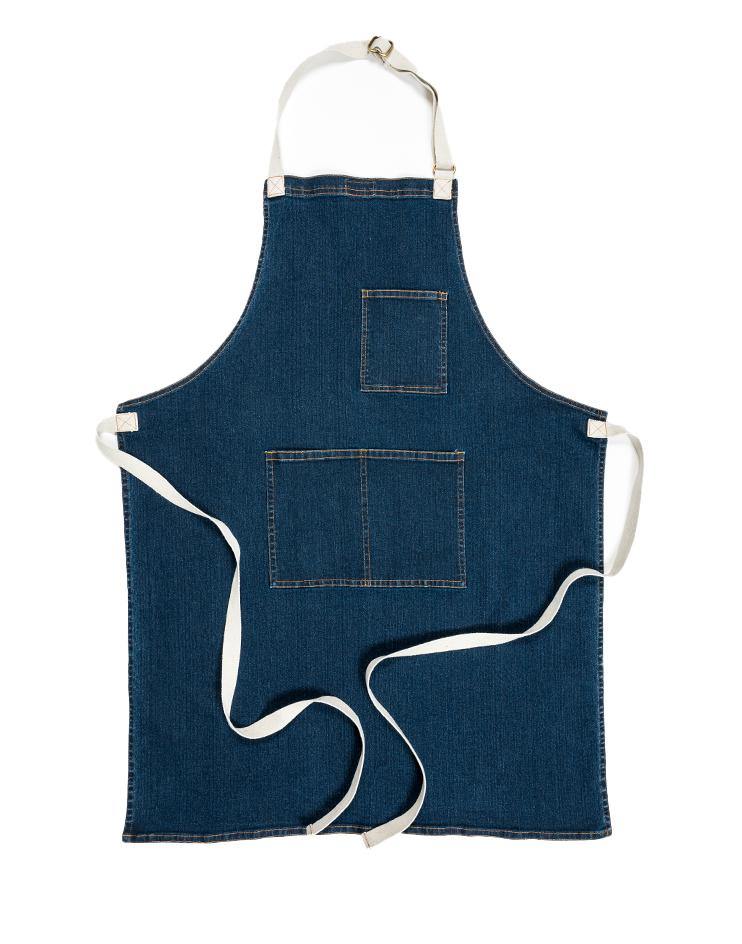 Dark Denim Bib Apron with Front Pockets and Contrast Straps - Kloth Studio Inc. - klothstudio.com