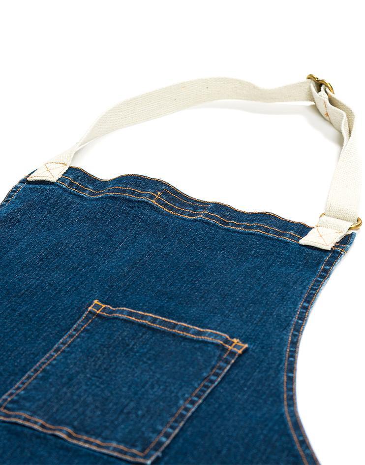 Dark Denim Bib Apron with Front Pockets and Contrast Straps - Kloth Studio Inc. - klothstudio.com