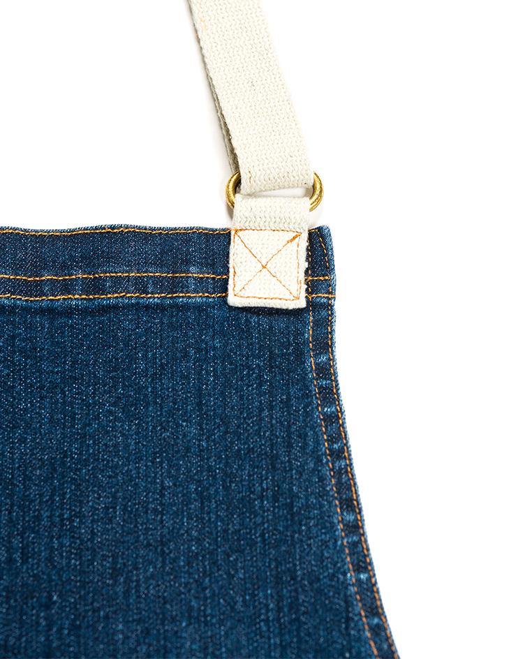 Dark Denim Bib Apron with Front Pockets and Contrast Straps - Kloth Studio Inc. - klothstudio.com